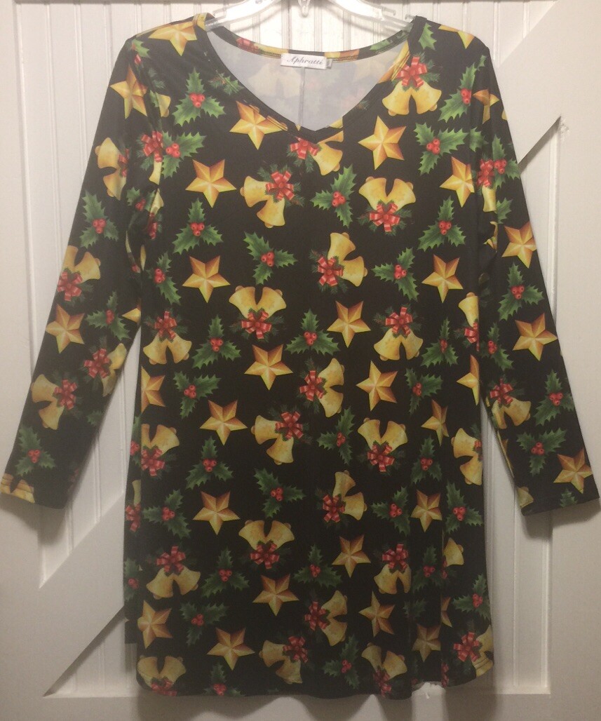 Christmas Dress Flared Tunic Mistletoe Bells Stars Long Sleeve Soft XXL