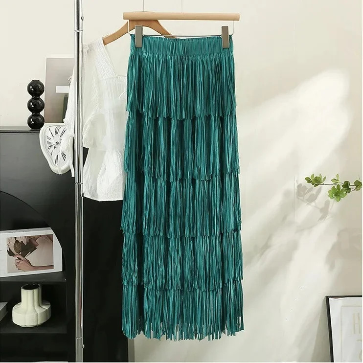 Multifunctional Slimming Tassel Cake Skirt Medium and Long Dress Elastic Waist D