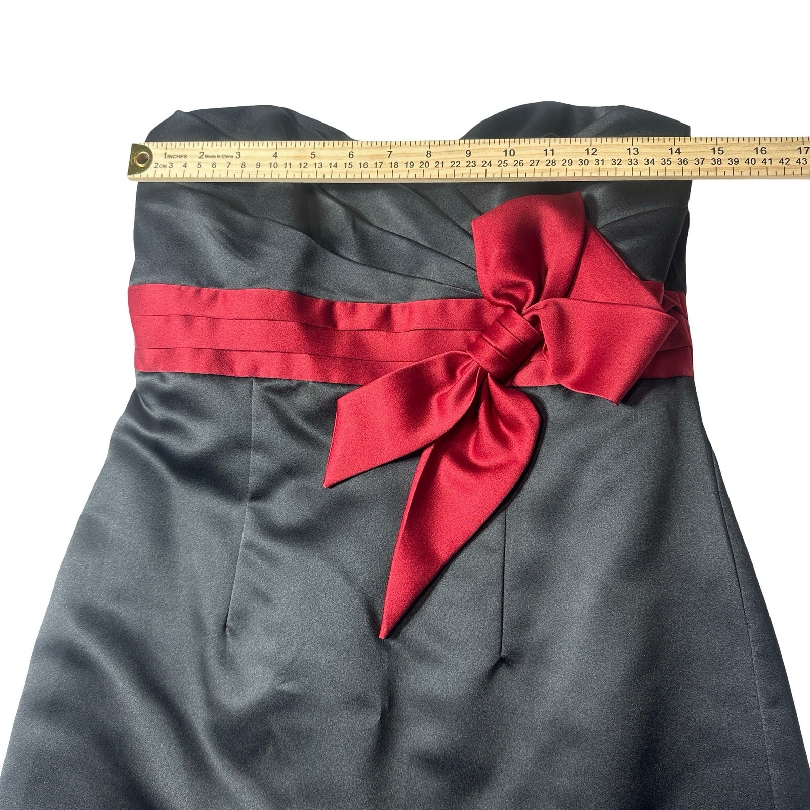 Alfred Angelo Strapless Black Satin Cocktail Dress 8 Red Claret Sash Bow Formal