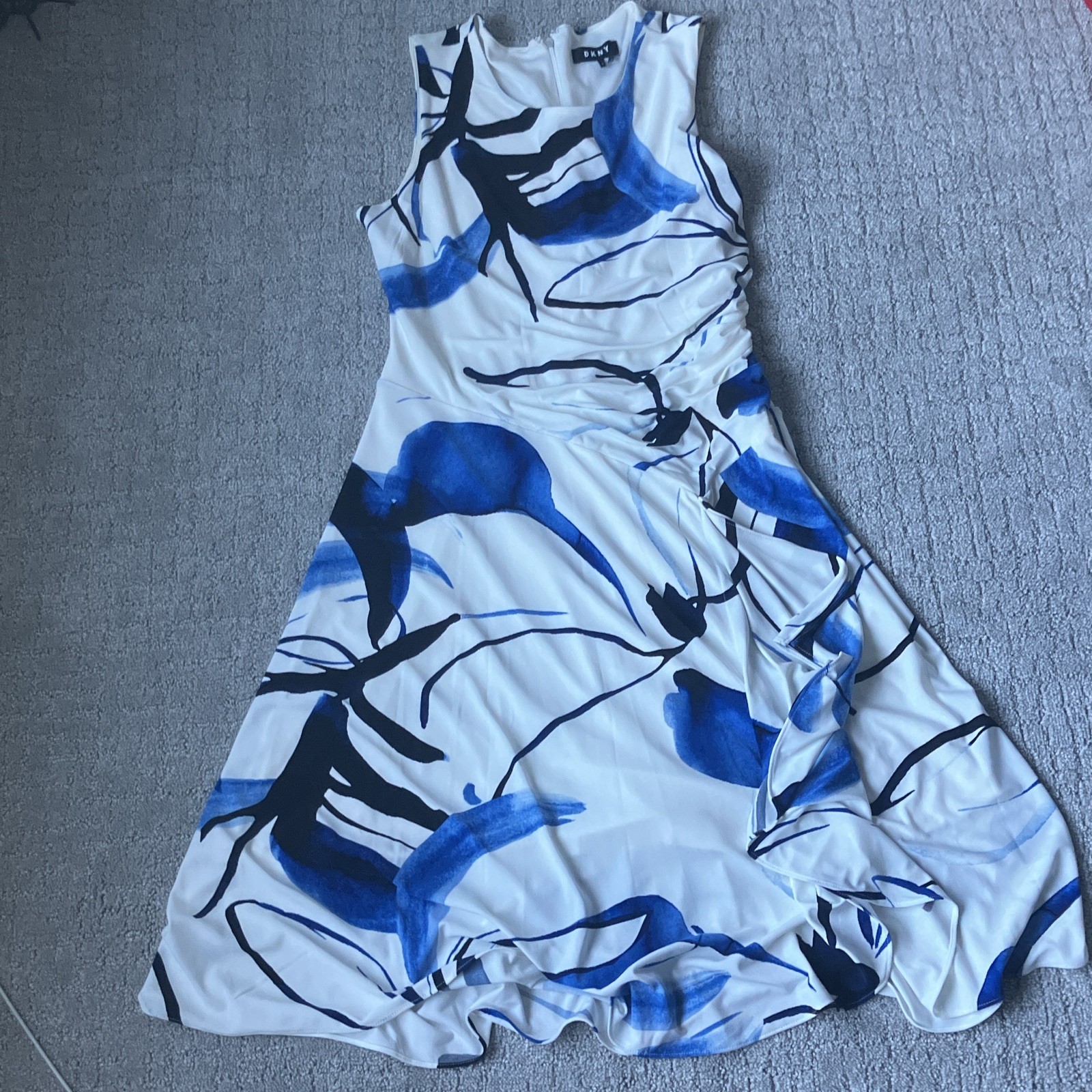 DKNY White/Blue/Black Abstract Fit & Flare Knee Dress Ruched Ruffle M