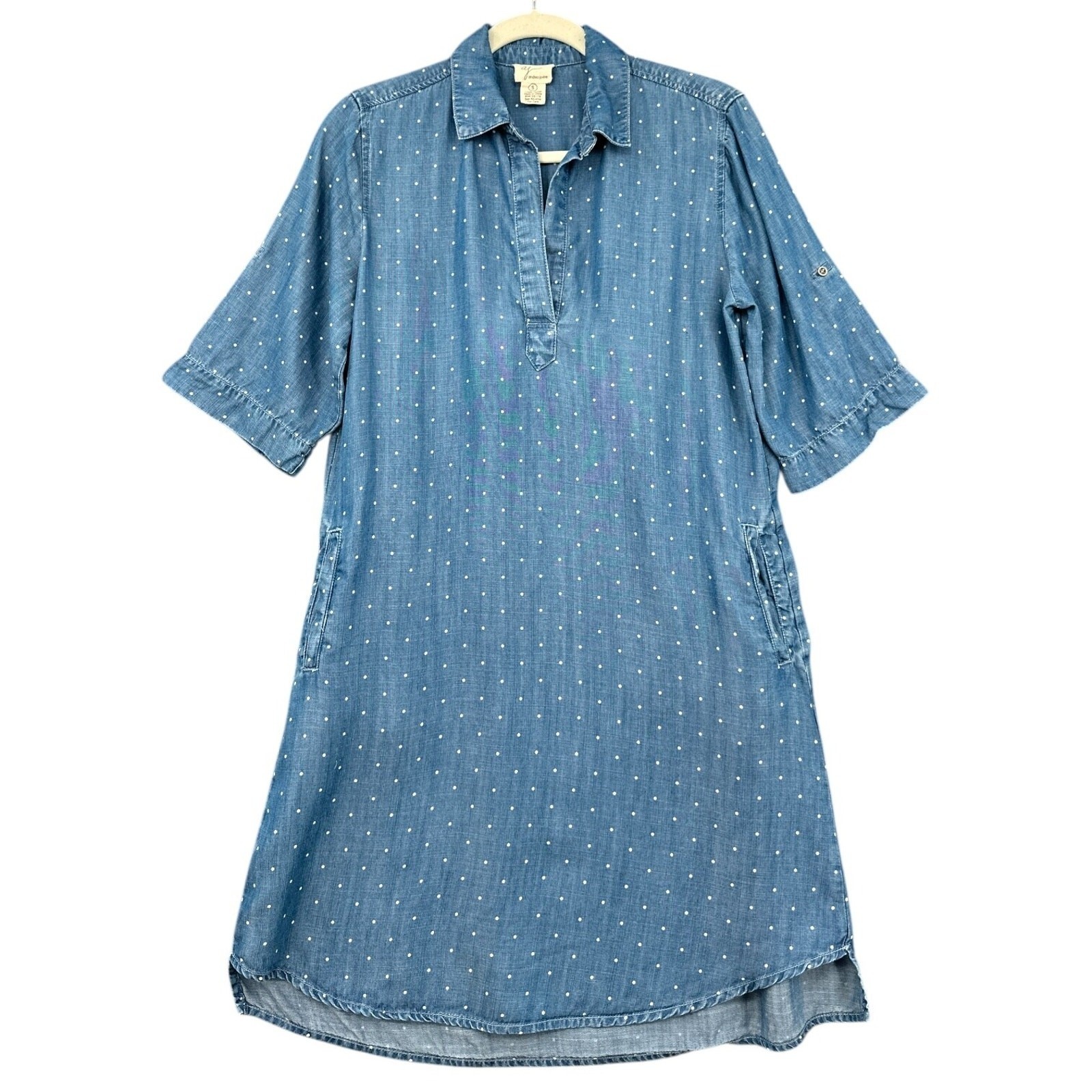 Andrea Jovy Womens Polka Dot Chambray Denim Shirt Dress Size Small