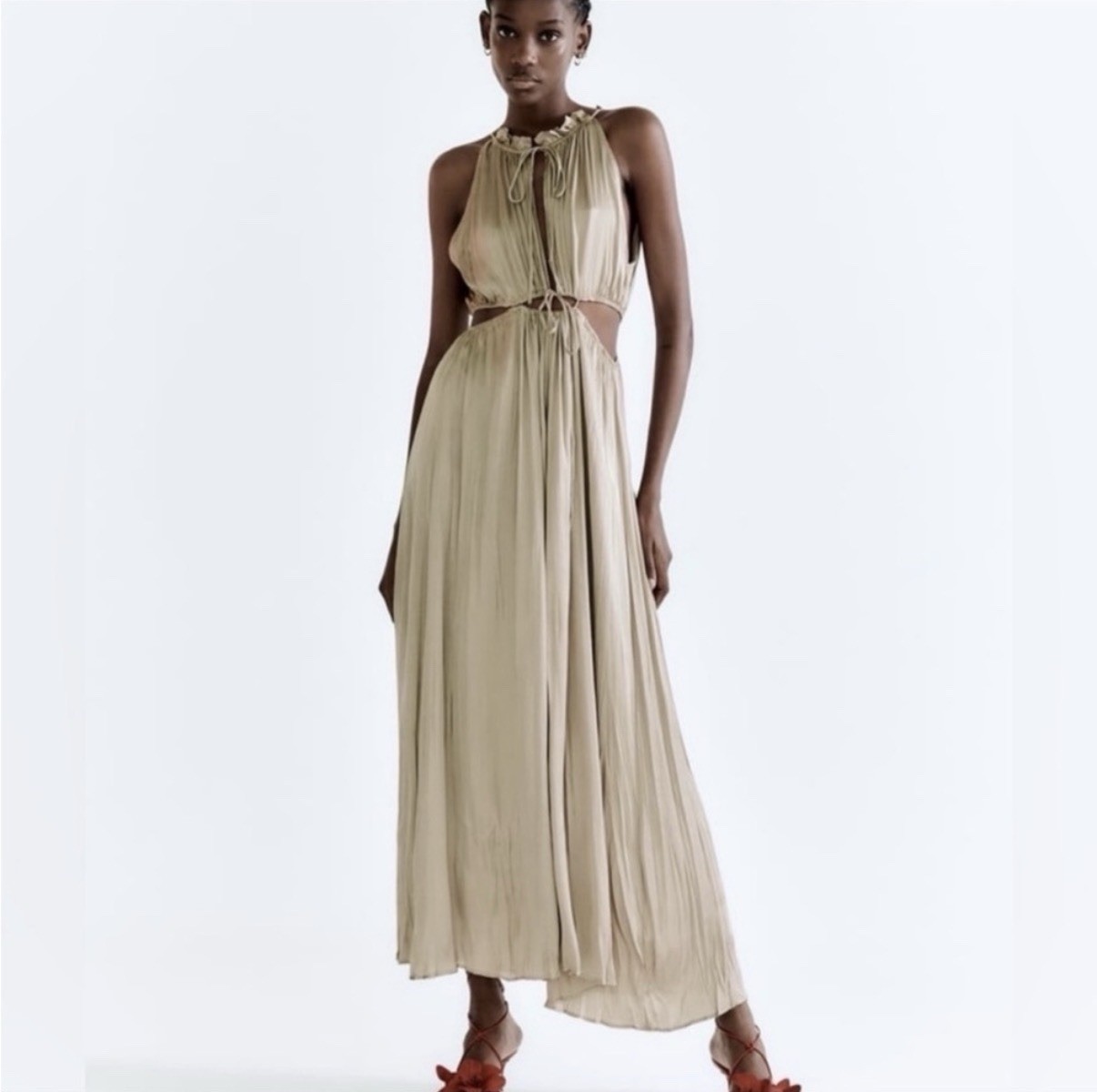 Zara Wrinkle Look Satin Effect Cut Out Maxi Dress Medium Wedding Cocktail Chic