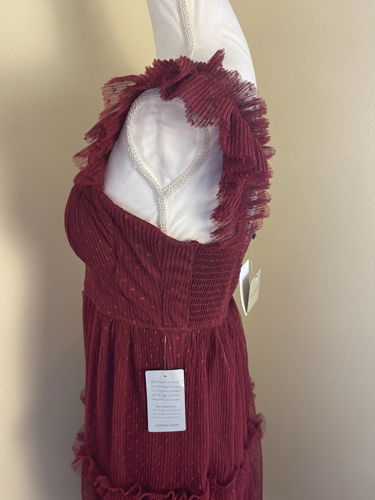 Whimsy Goth Burgundy Mesh Bustier Midi Dress M Swiss Dot Tiered Skirt Fairycore