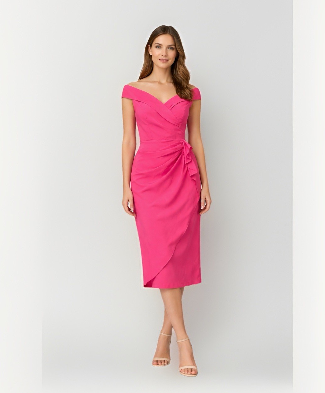 Hot Pink Off Shoulder Wrap Dress Midi Knee Length Ruffle Side Tie Party Cocktail