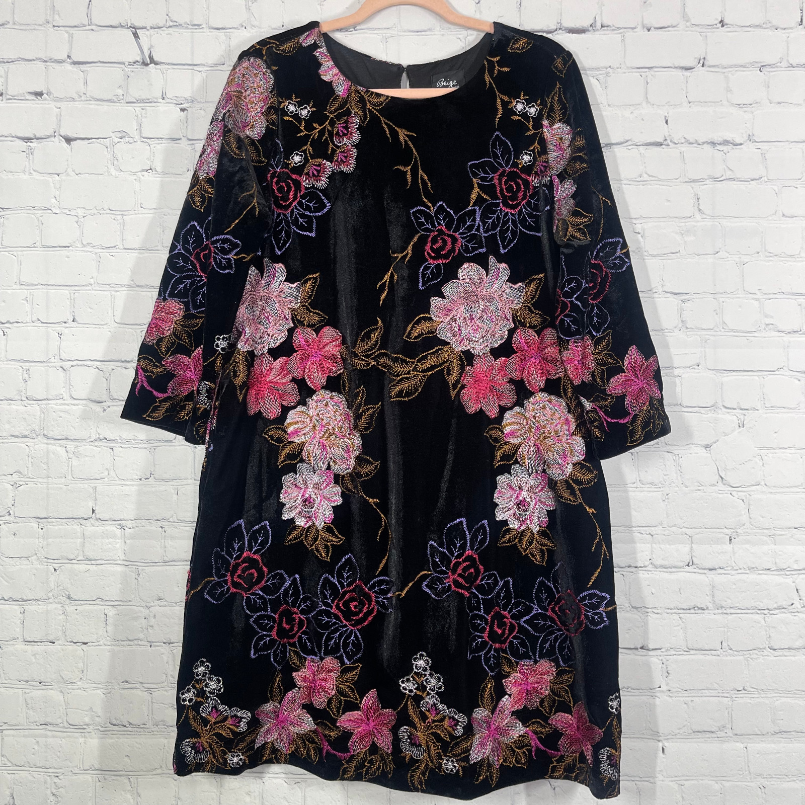Beige Eci Dress Women Size 8 Pullover Velvet Floral Whimsygoth Embroidered