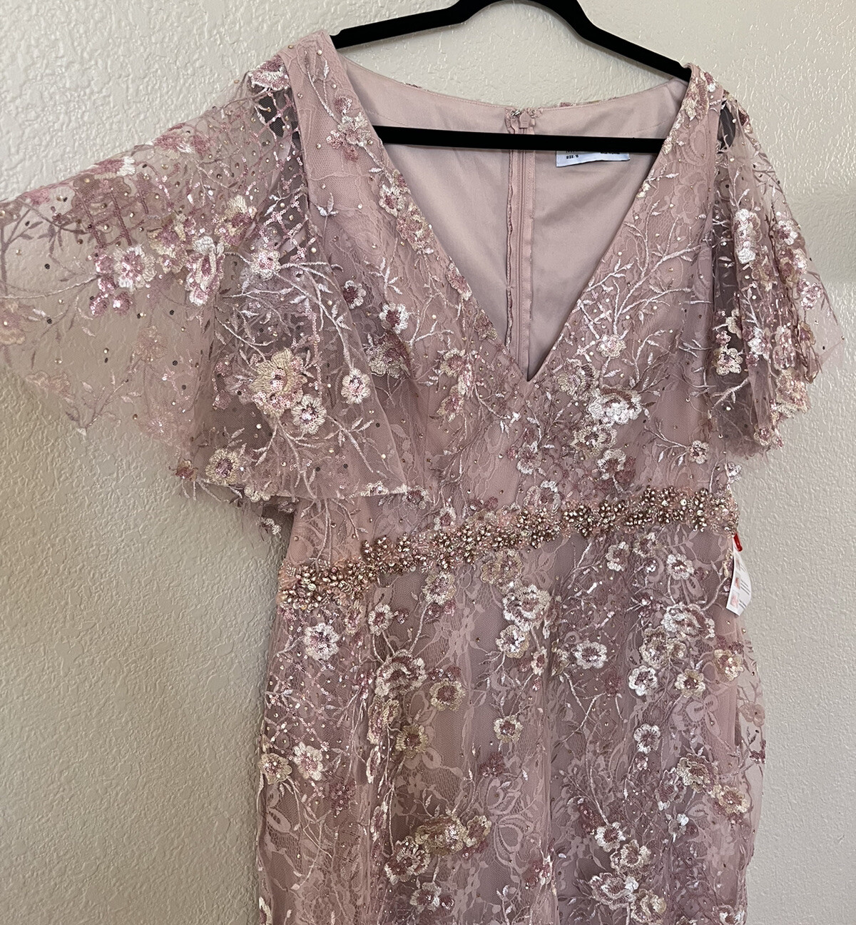 New Mac Duggal EMBELLISHED ILLUSION BUTTERFLY SLEEVE COCKTAIL DRESS Rose Pink 16