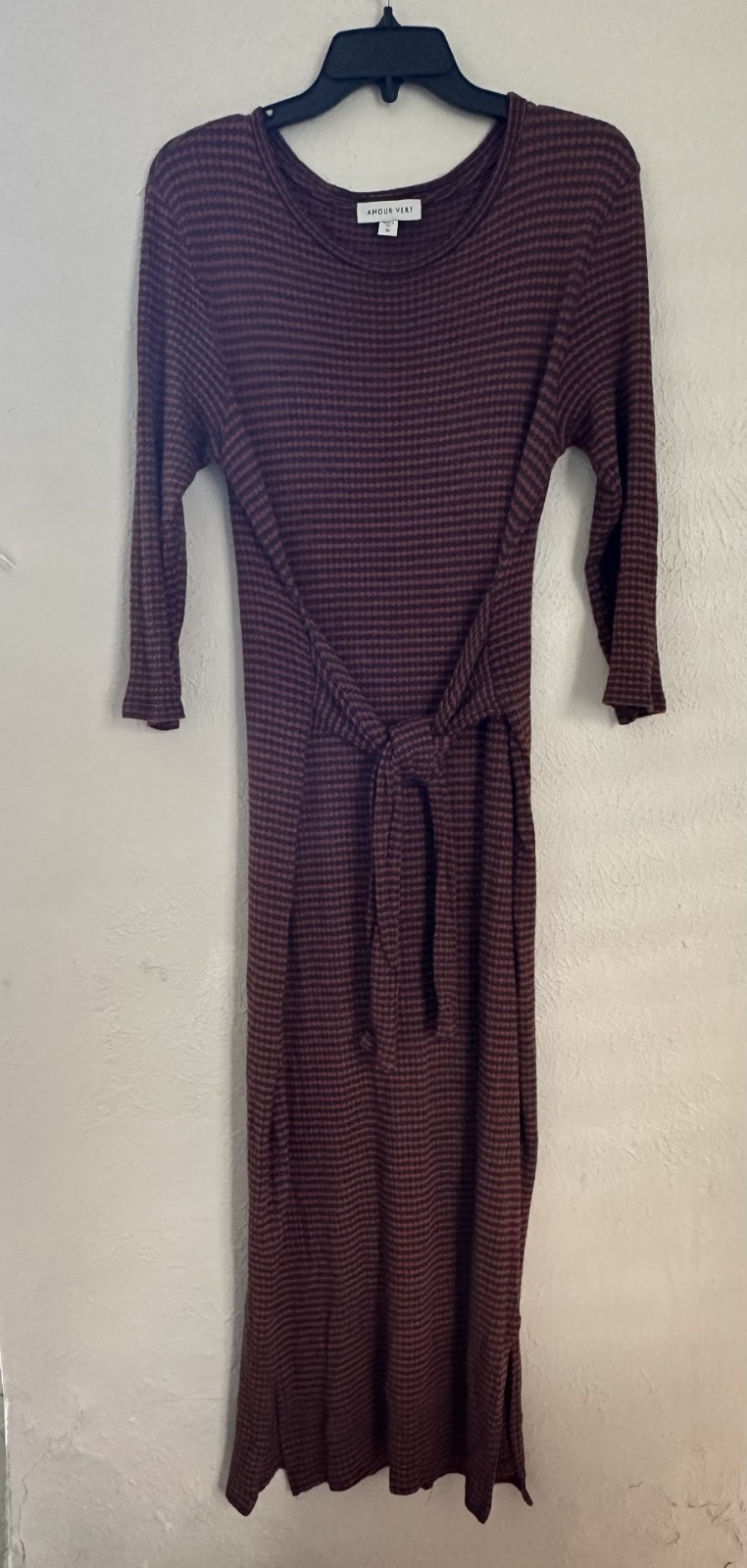 AMOUR VERT Colombe Scallop Striped Rib Knit Midi Dress Size M Tie Waist Slit
