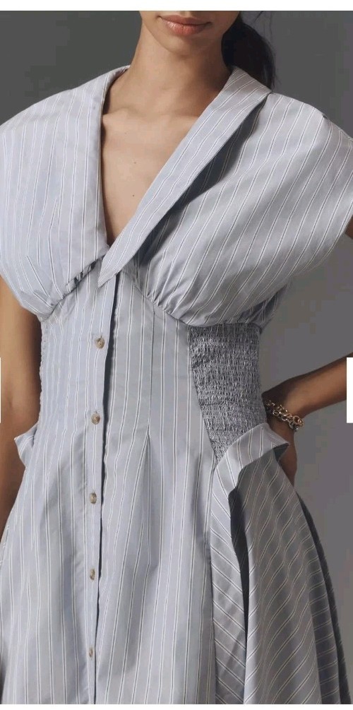 Anthropologie Tobie Button Front Pleated Shirt dress Size 2X Stripe Cottage Blue