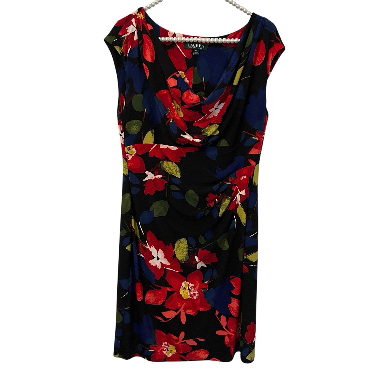 LAUREN Ralph Lauren Black Red Green Floral Cap Sleeve Sheath Dress 14P Classic