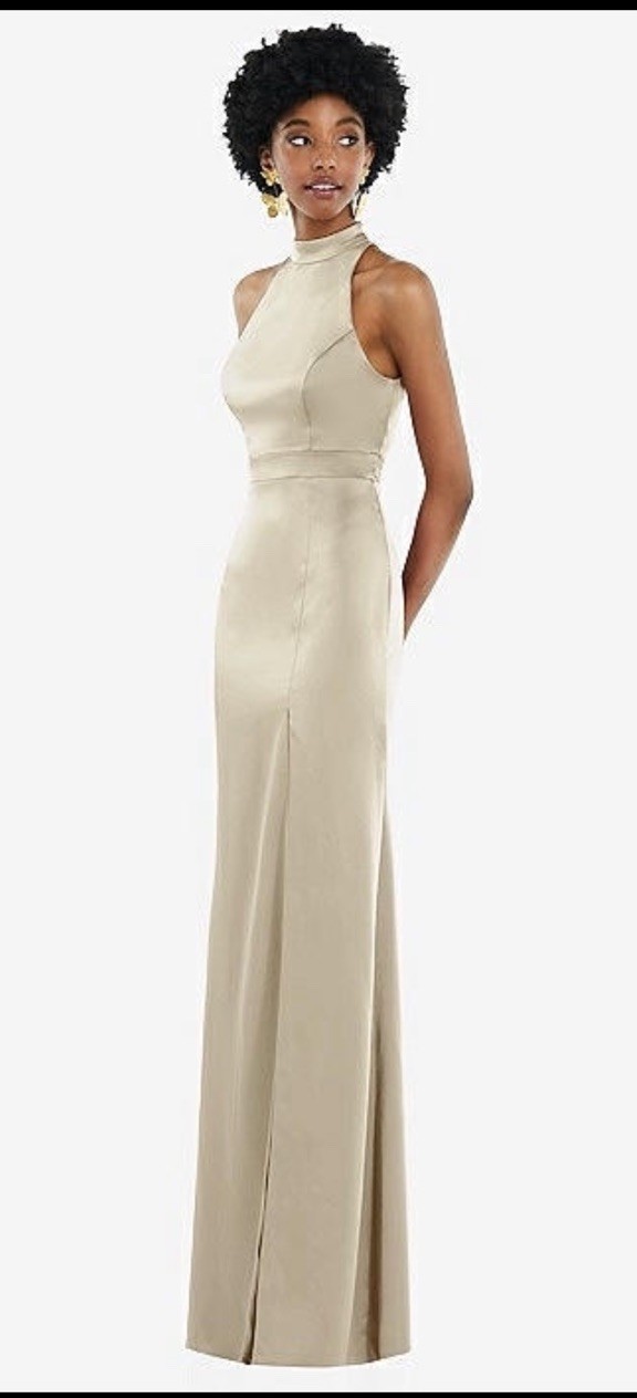 NEW Lovely HIGH NECK BACKLESS MAXI DRESS WITH SLIM BELT IN CHAMPAGNE Size 8 R
