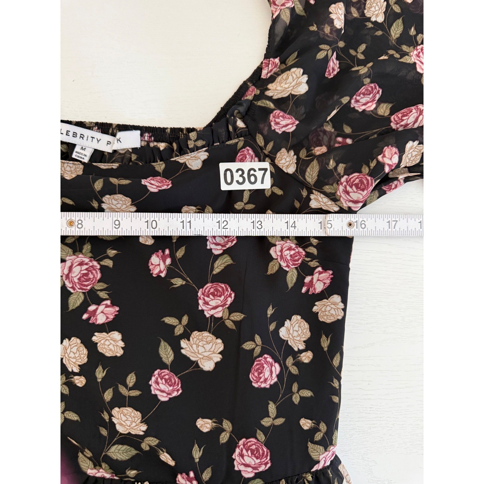 Celebrity Pink Black Floral Chiffon Mini Dress Long Sleeve Smocked Back Size M