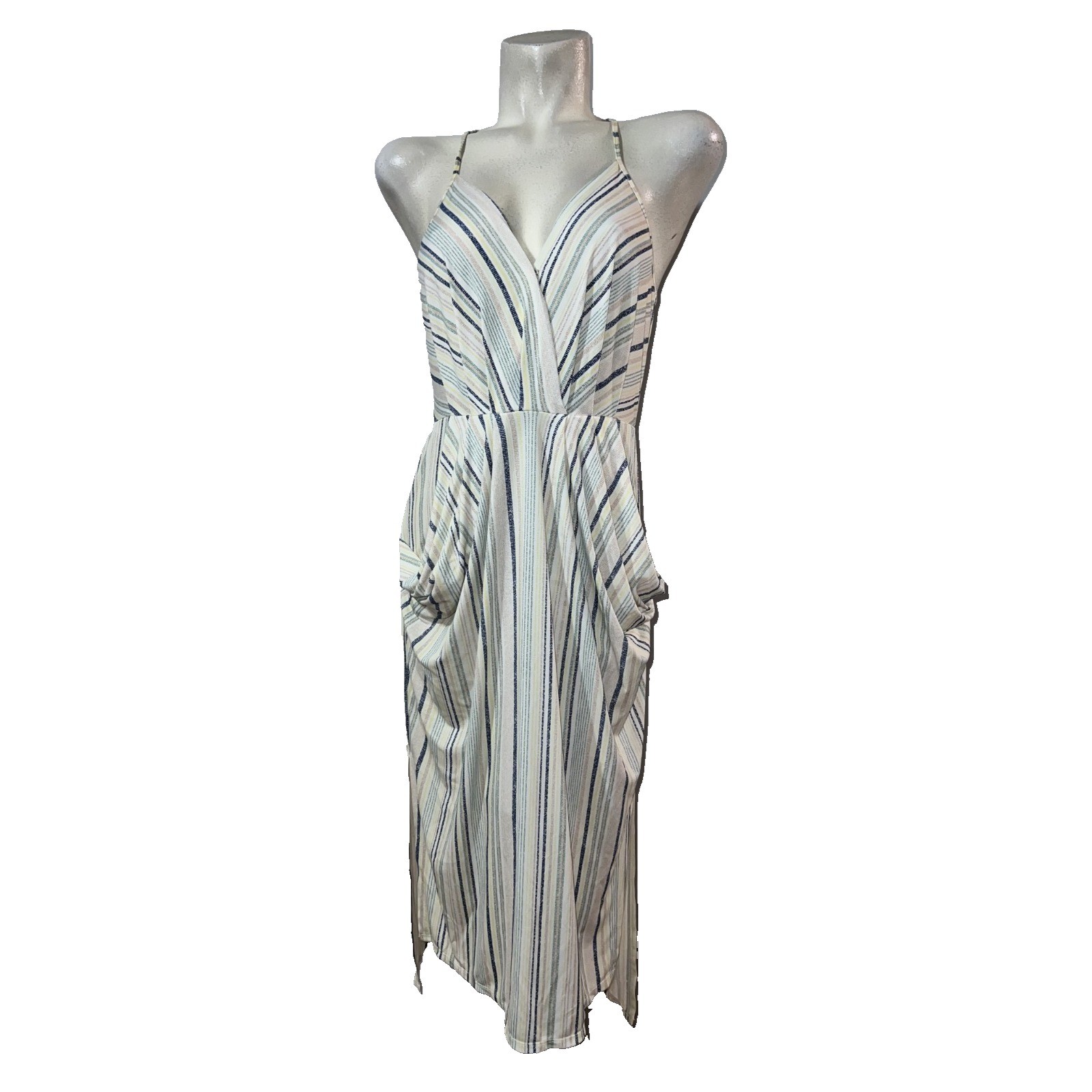BCBGeneration Womens Blue Tan Striped Sleeveless Midi Dress Draped Pockets S