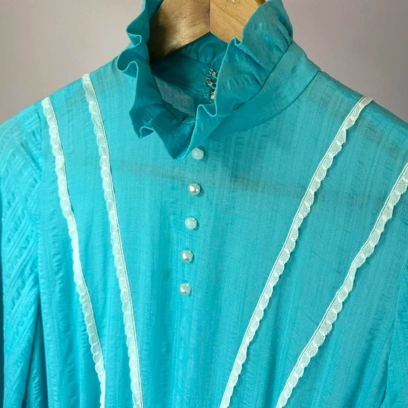 Vintage 70s Bright Blue Cotton Maxi Dress
