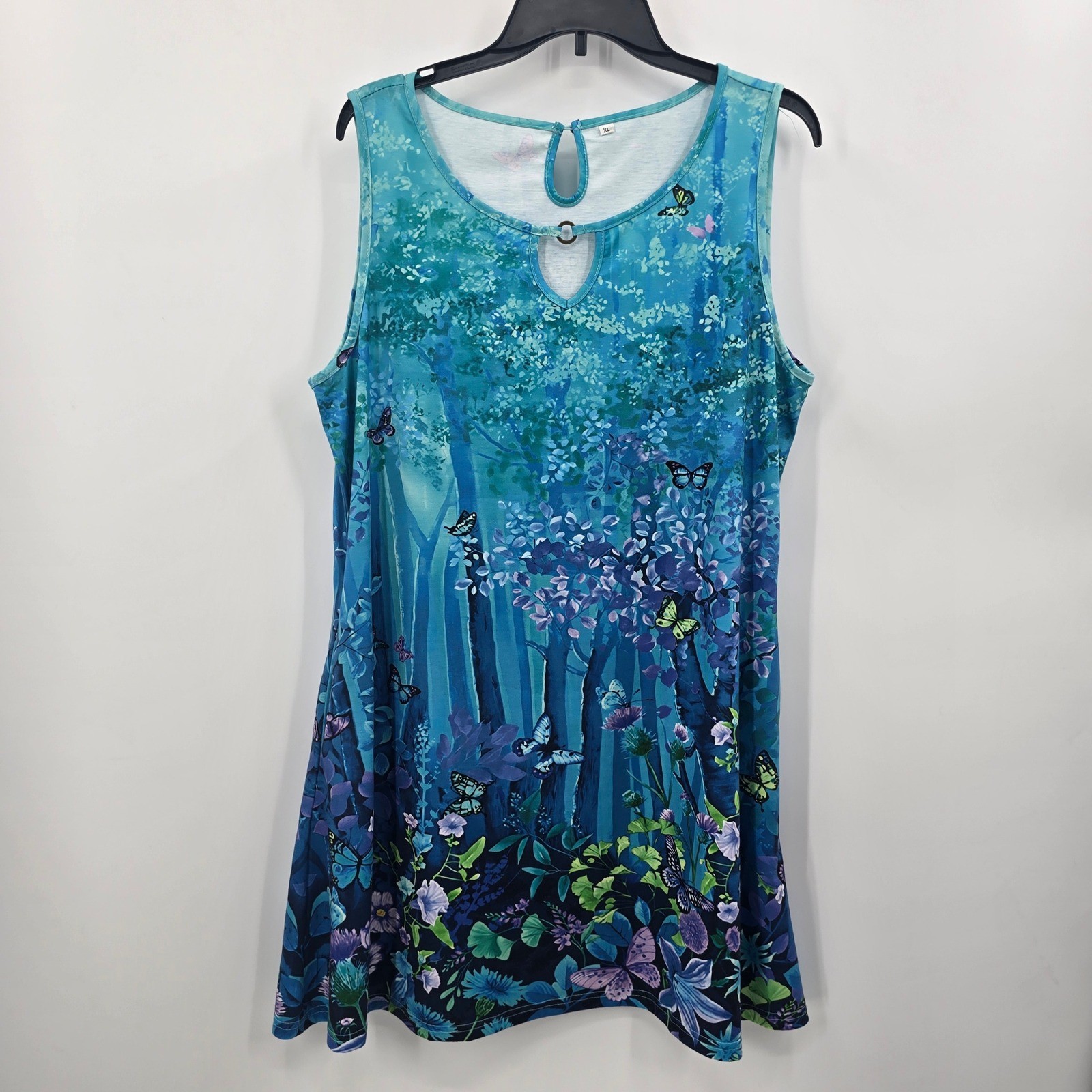 Enchanted Forest Butterfly Blue Dress Womens XL Keyhole Ring Neck Pockets