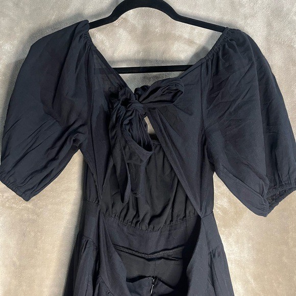 SHEIN Midi Black Backless Cut Out Puff Sleeve Tie Back Smocked Waist Ruffled Hem
