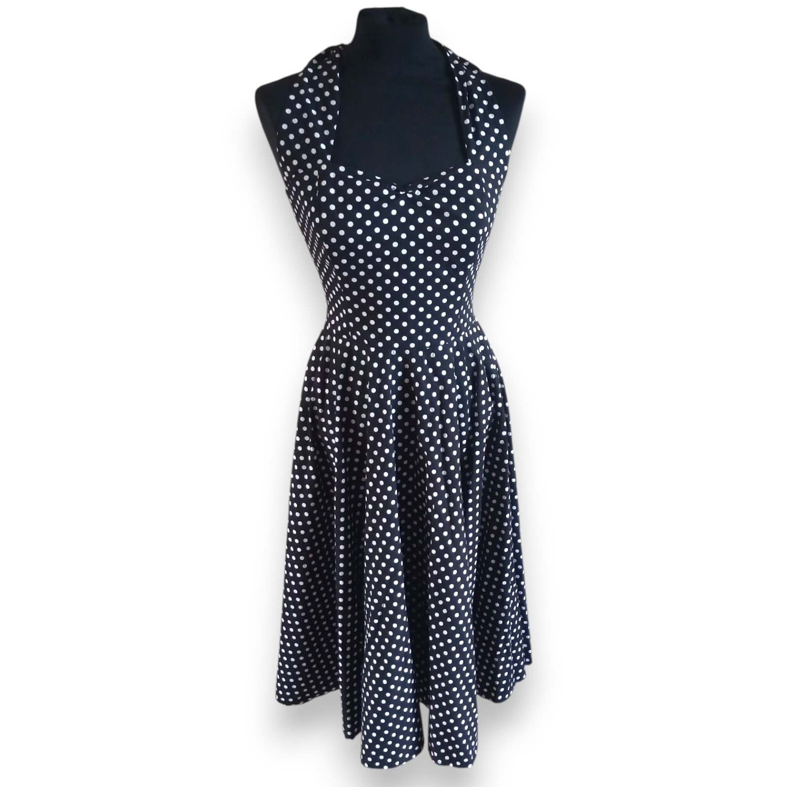 Frock 50s Style Polka Dot Fit and Flare UK 8 Black White Cotton Full Circle