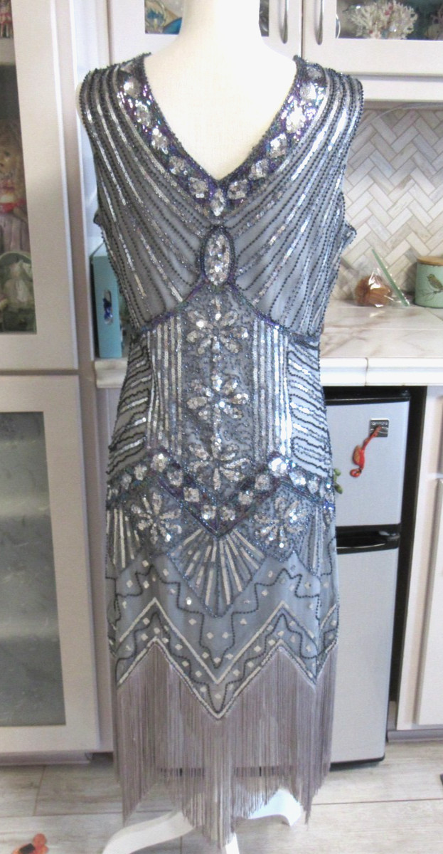 METME FLAPPER FRINGE BLACK BEADS SILVER SEQUINS SHORT SLEEVES SZ L ORIGINAL TAG