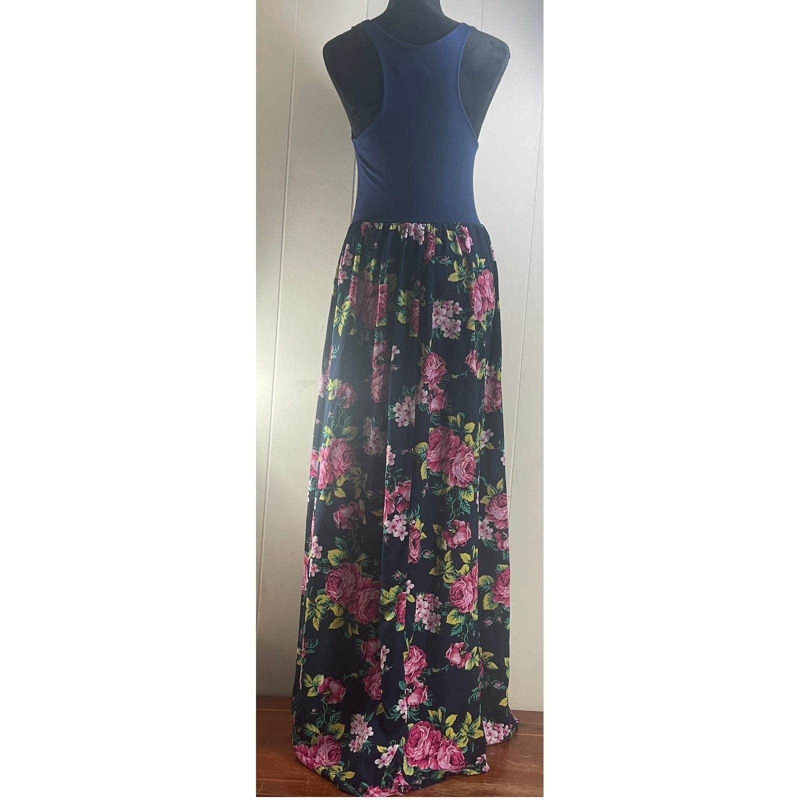 Navy Blue Floral Maxi Dress Sleeveless Casual Spring Summer Sun Dress romantic