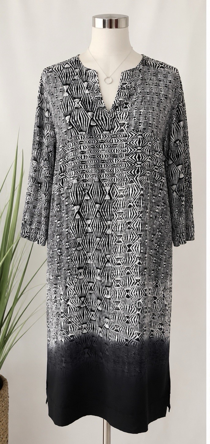 Pure DKNY 100% Silk Shift Dress Womens M Black White Geometric Midi Lagenlook