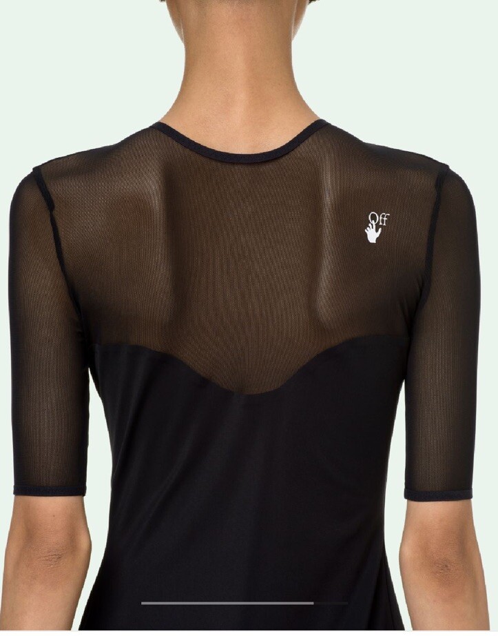 Off White Sheer Stretch Reversible Black Logo Zipper Midi Knee Dress Bodycon S