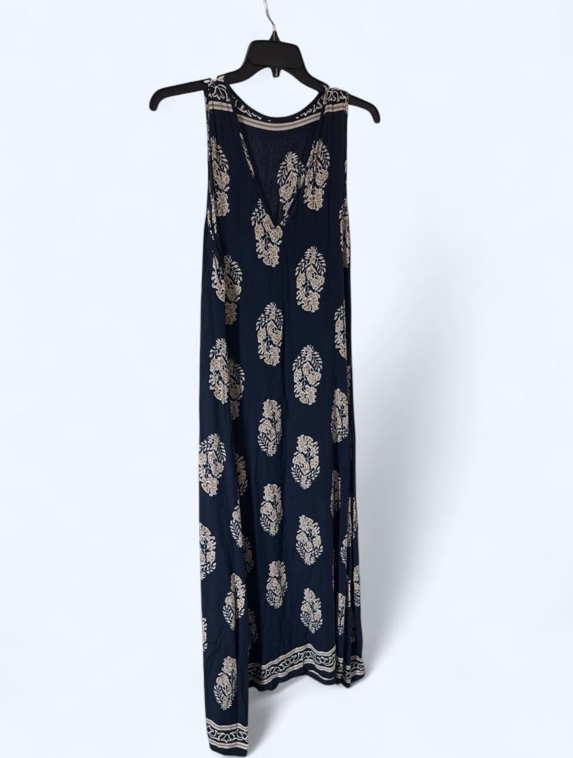 Navy Blue Block Leaf Print A-Line Maxi Dress Boho Resort Summer Style Size S -M