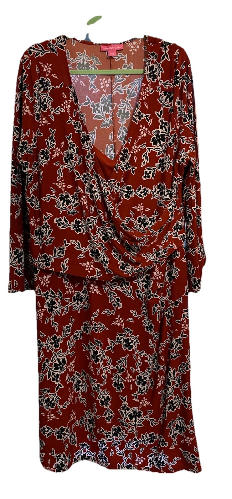 Women’s Rust & black Floral spliced bodice Dress Knee Length Long Sleeve