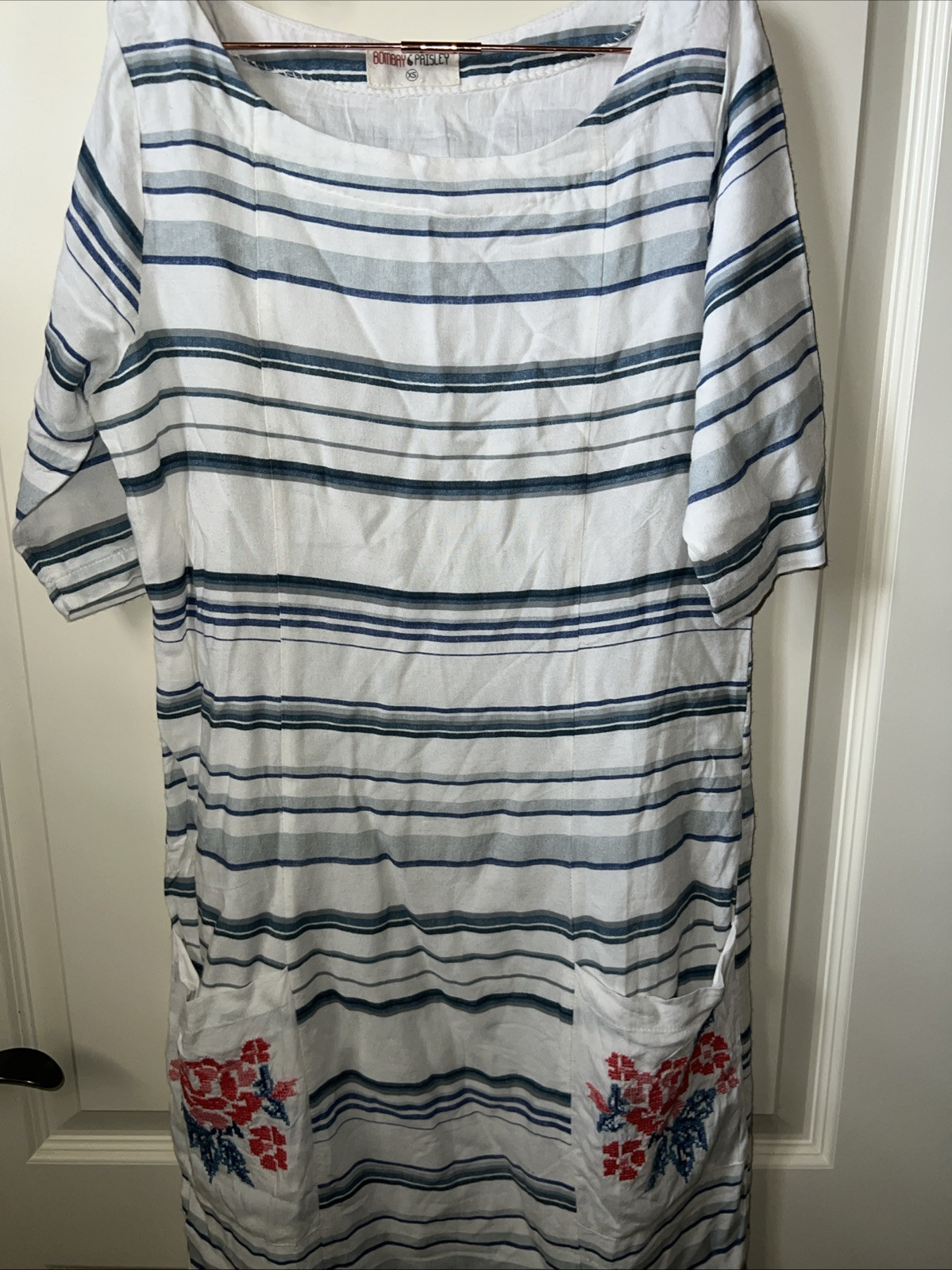 Bombay Paisley Stripe Embroidered Sheath Dress Sz XS Boho Cottagecore Lagen
