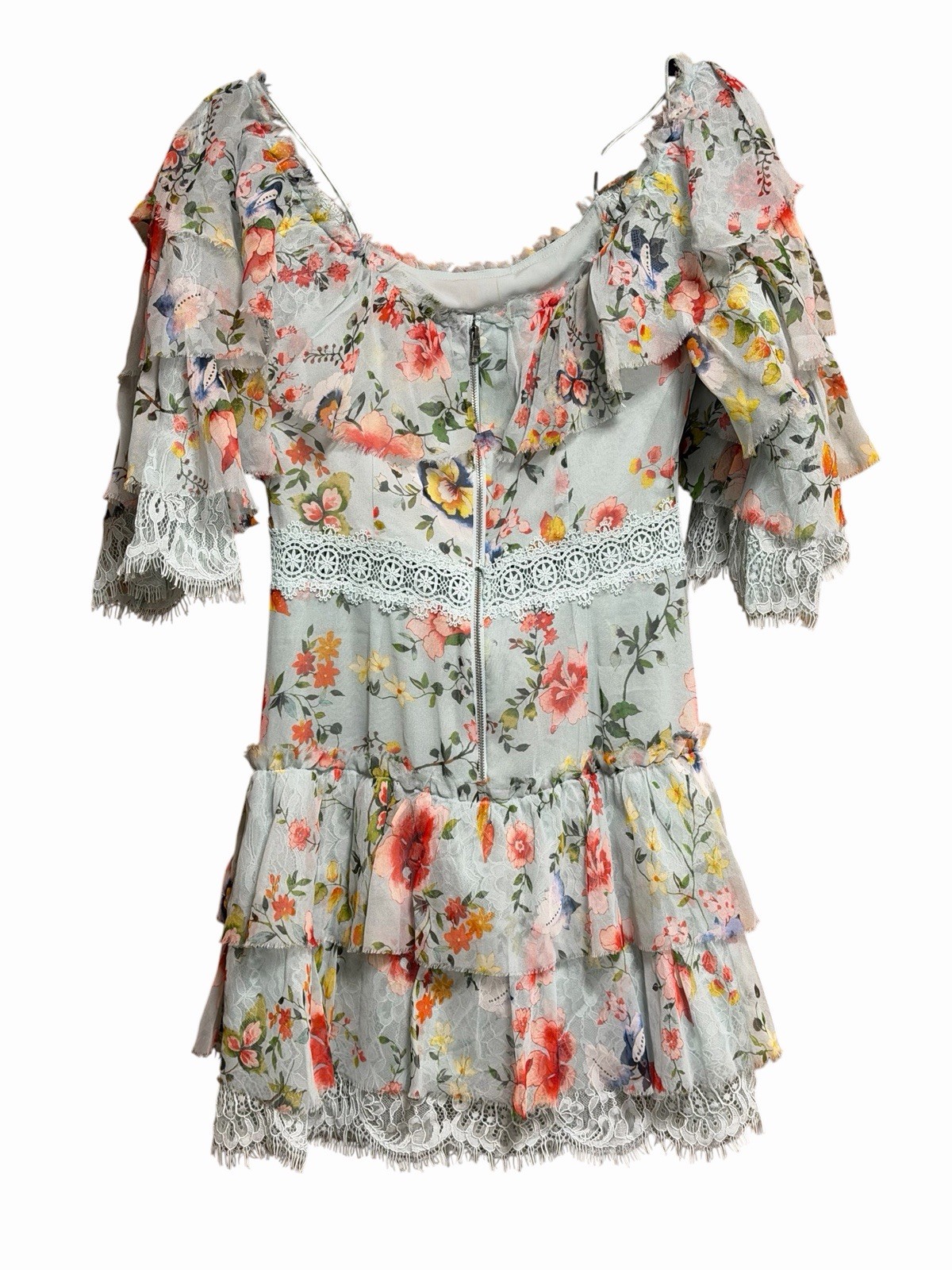 Alice + Olivia Santos Silk Floral Off Shoulder Lace Ruffle Mini Dress 4 NWT