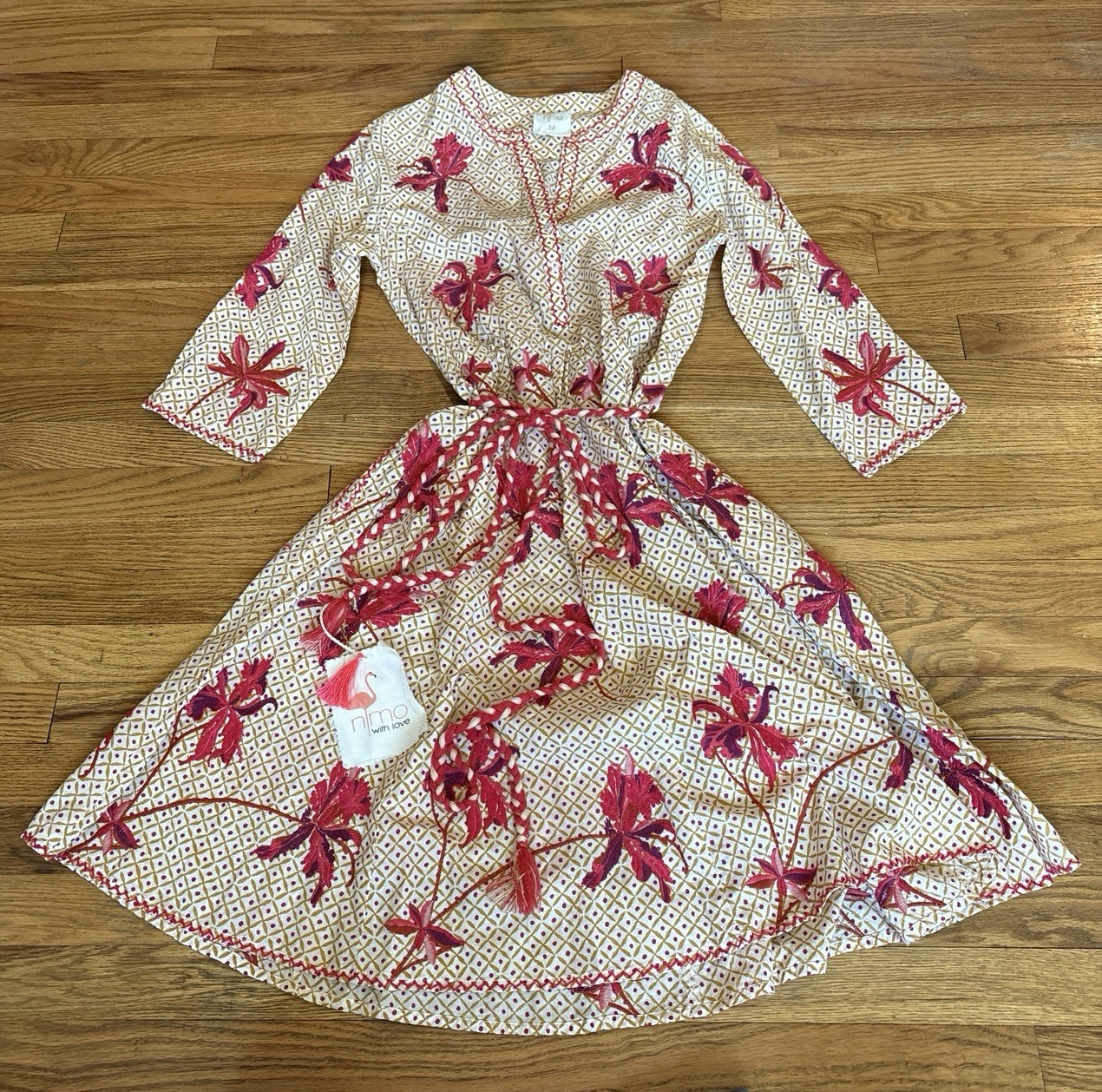 Nimo with love Women’s Embroidered Floral V-Neck A-Line Dress Cotton M