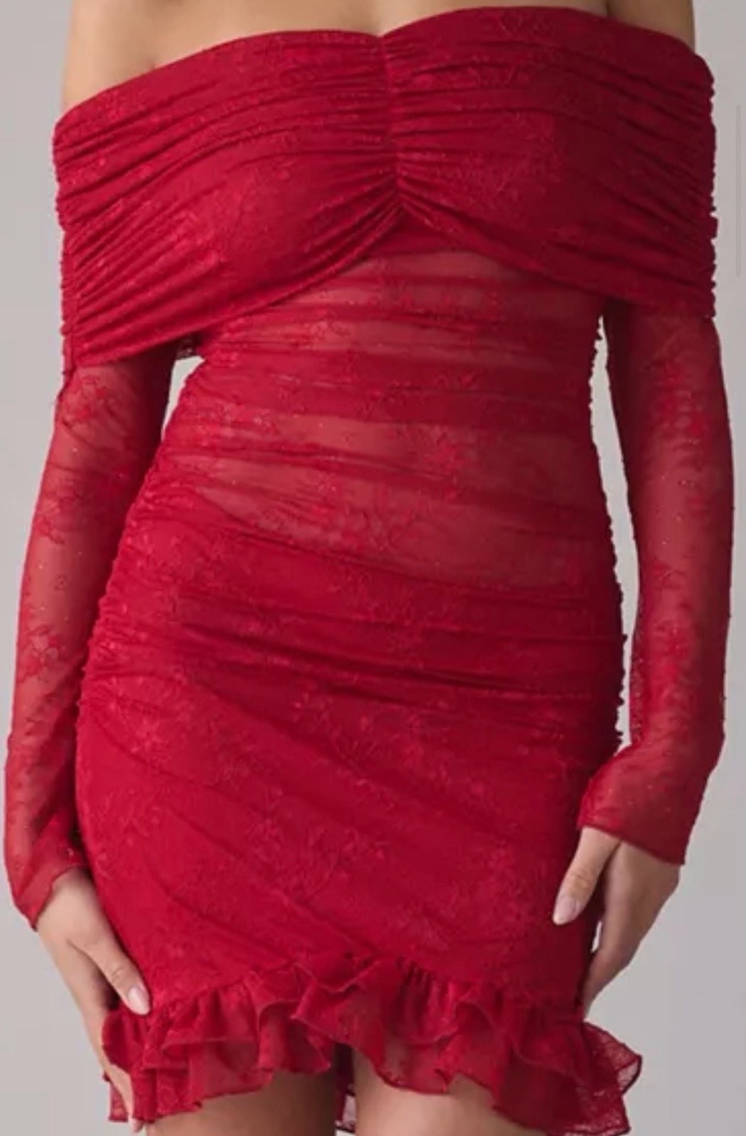 AFRM Fay Off-The-Shoulder Long Sleeve Lace Bodycon Mini Dress in Red