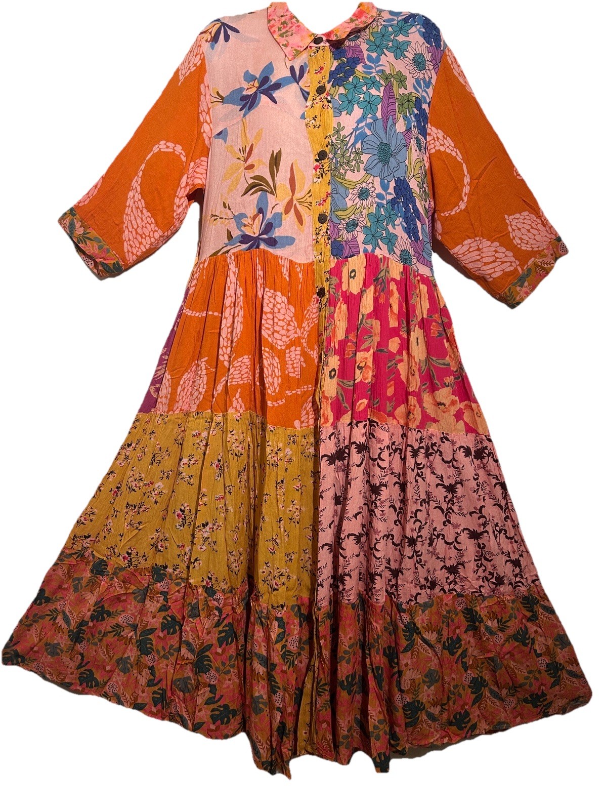 Nwt SACRED THREADS floral bohemian funky button rayon tier DRESS XL Free shippin