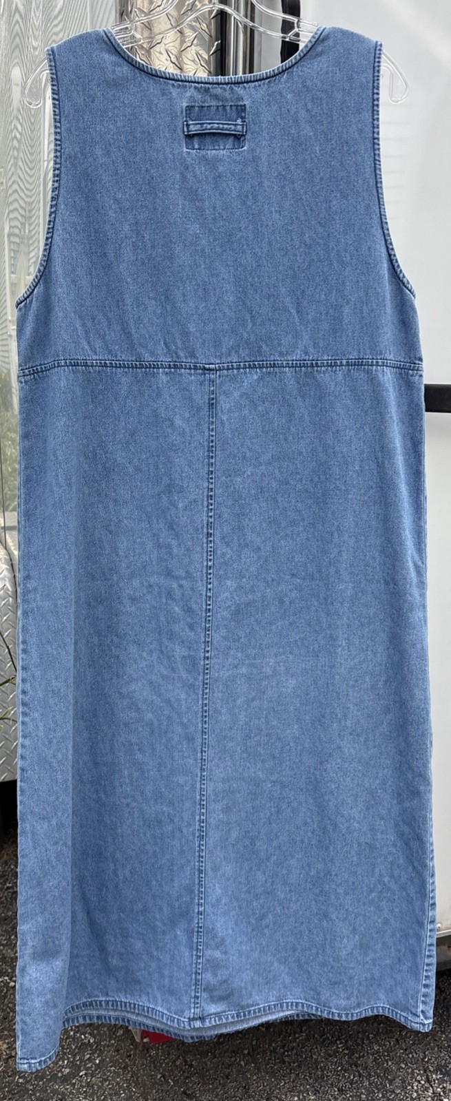 Vintage HSZ Studio Dress Large Long Sleeveless Blue Chambray W/White Embroidery