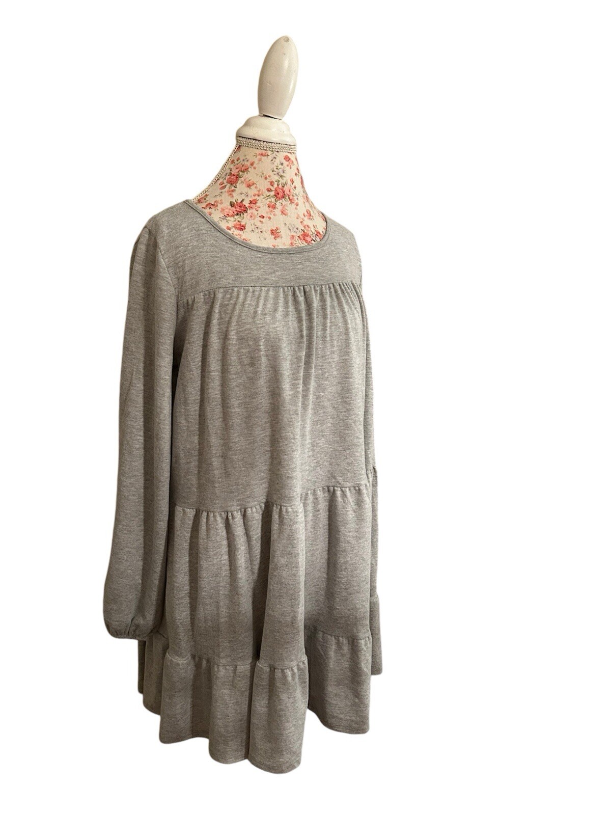 Peach Love Tiered Gray Flowy Dress Soft NWT $44 Fall Winter Fashion
