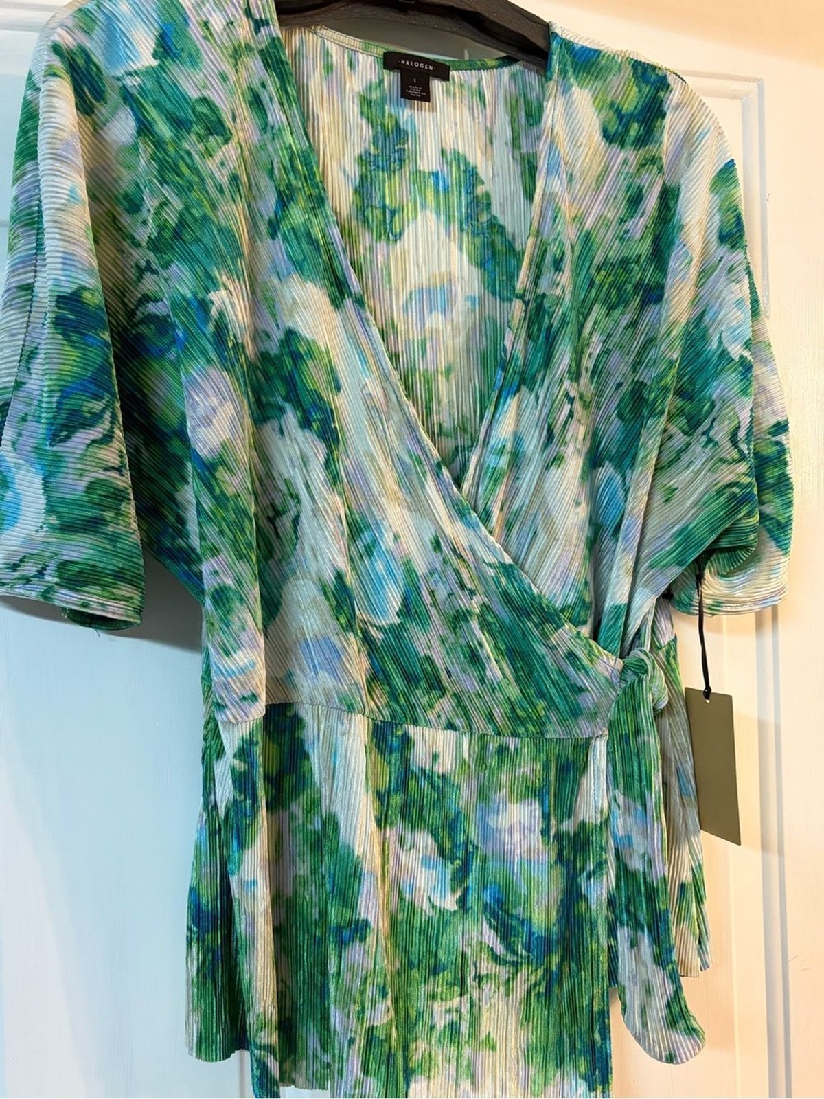 Halogen Green and Blue Pleated Wrap Blouse Dress