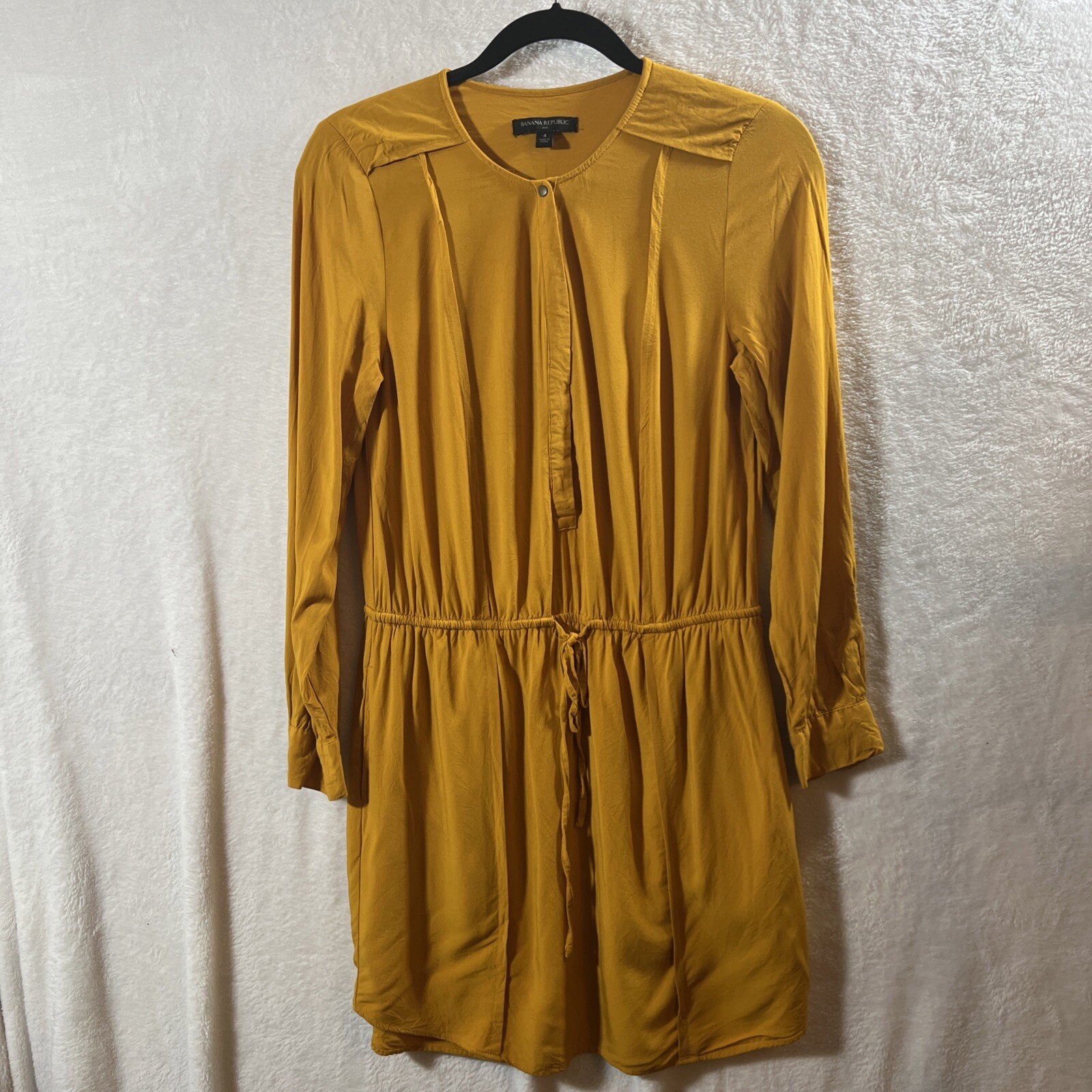 Banana Republic Blouson Dress Womens Sz 4 Yellow Drawstring Belt 1/4 Button