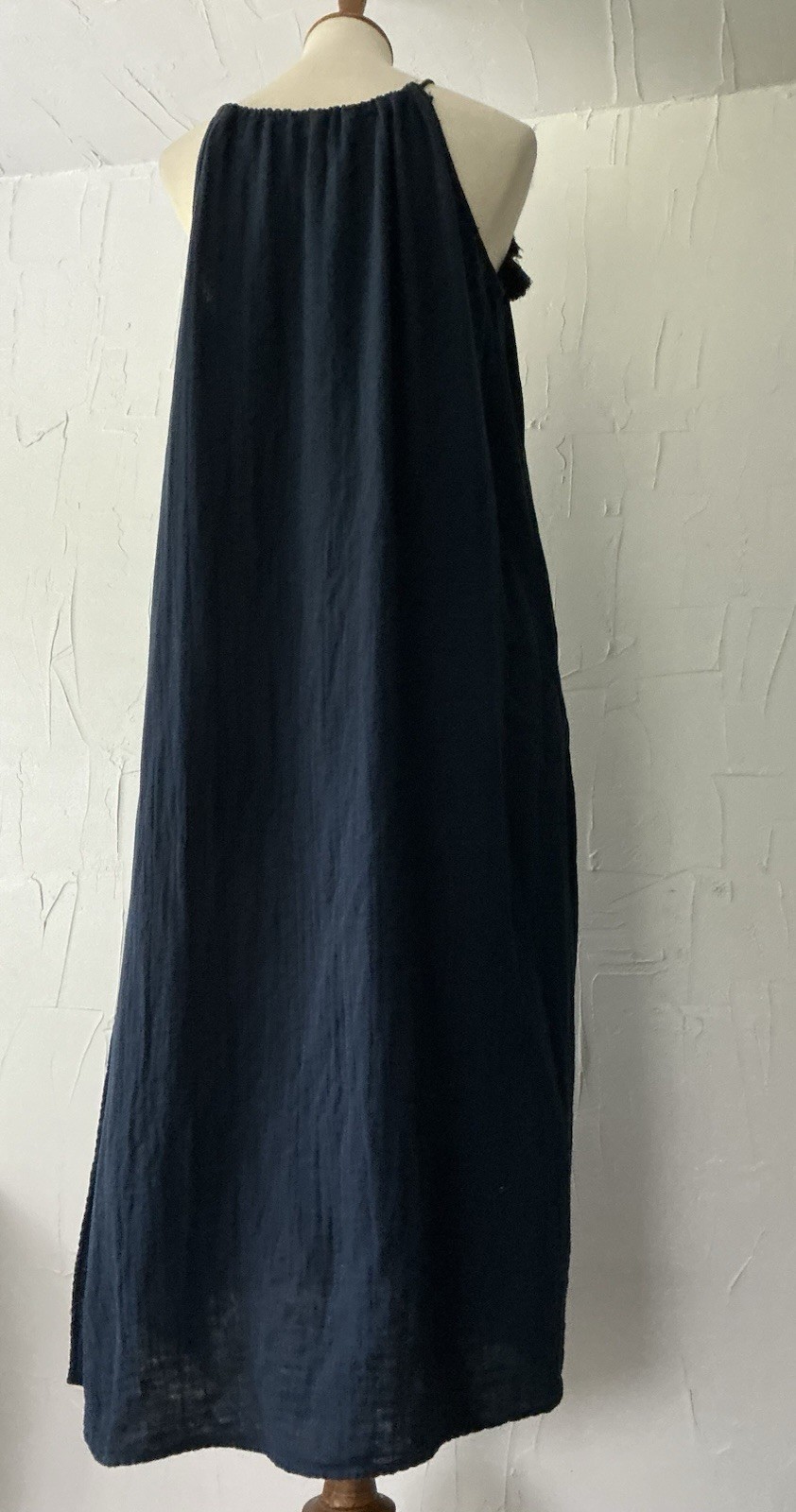 Time & Tru Sun/Tent Dress Maxi Drawstring Slit Cotton Tassels M(8-10) Navy Blue