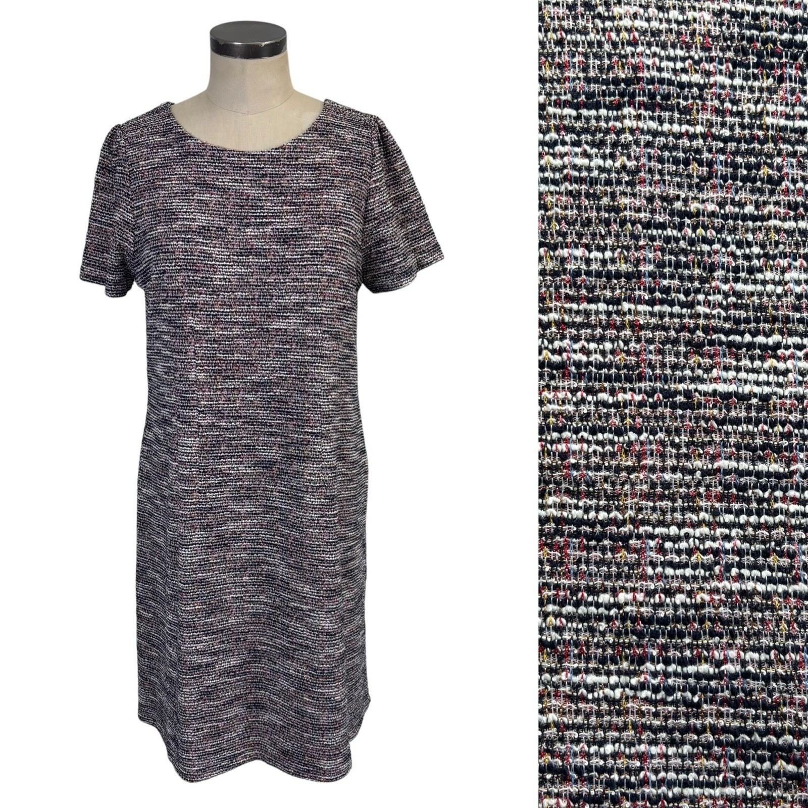 NEW LOFT Marled Tweed A Line Dress US 12 Navy Blue White Multi Short Sleeve