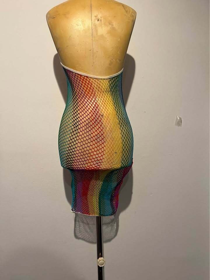 Rainbow Fishnet Halter Mini Dress