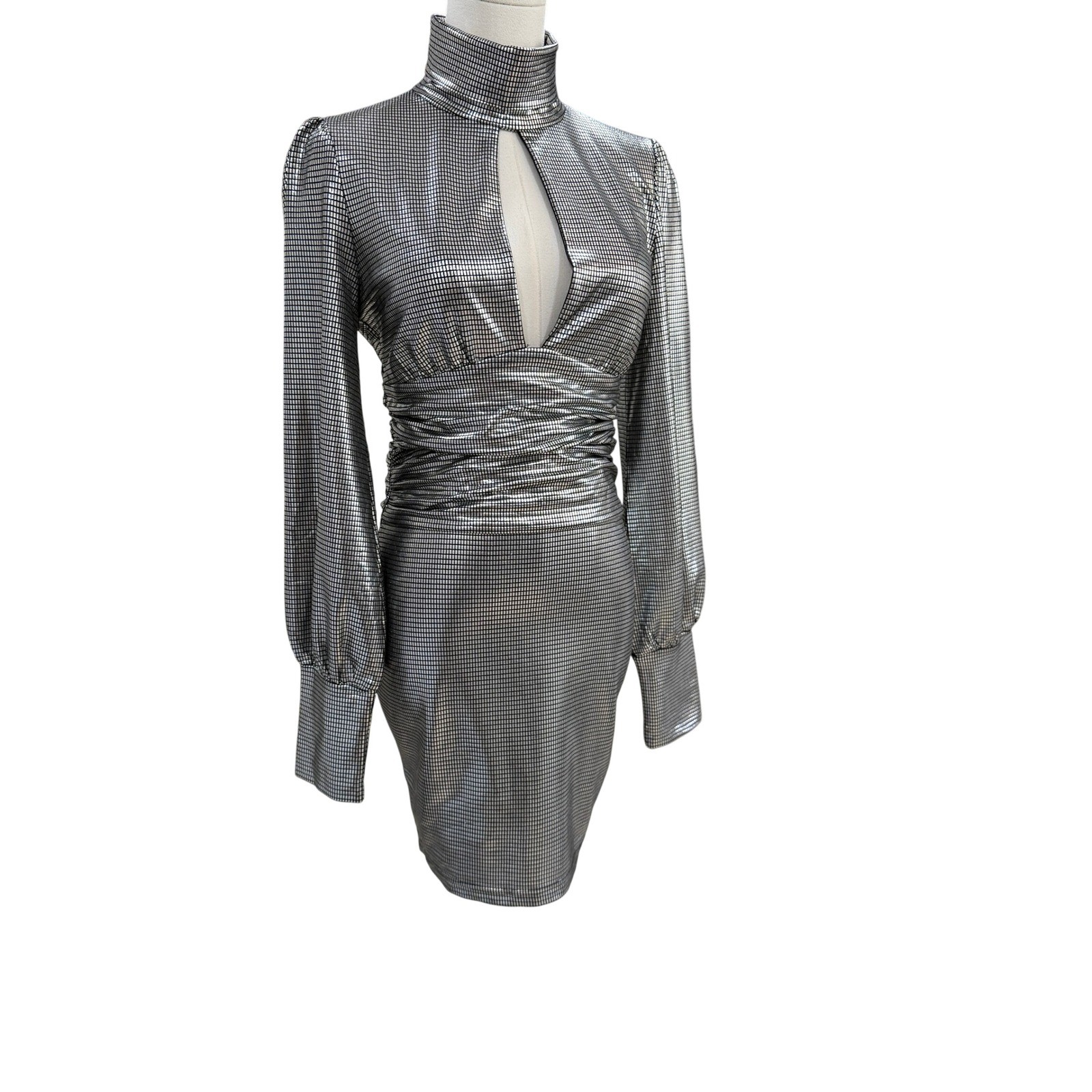 Silver Metallic Disco Keyhole Open Back Mini Dress Party Glam Y2K Nightclub Glam