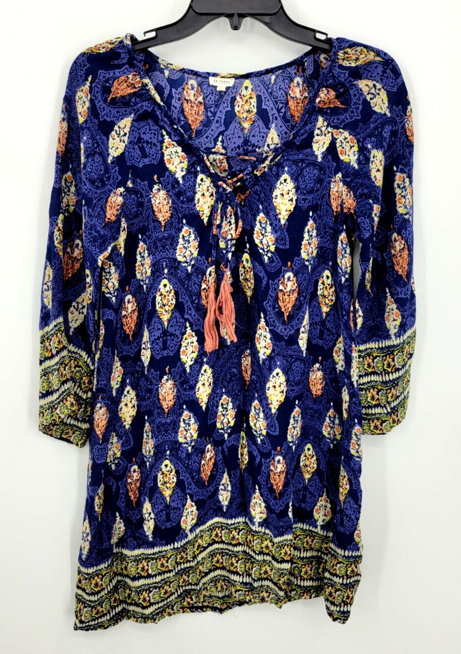 En Creme Anthropologie Dress Womens Small Blue Border Print Boho Tassel Tie
