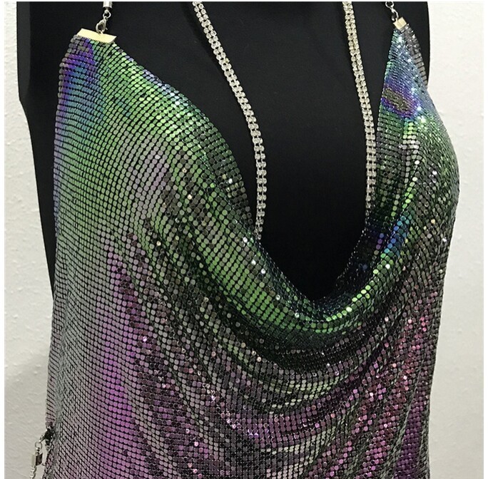 Hot Metal Chain Halter Women Backless Mini Dress High Slit Night Dress Party