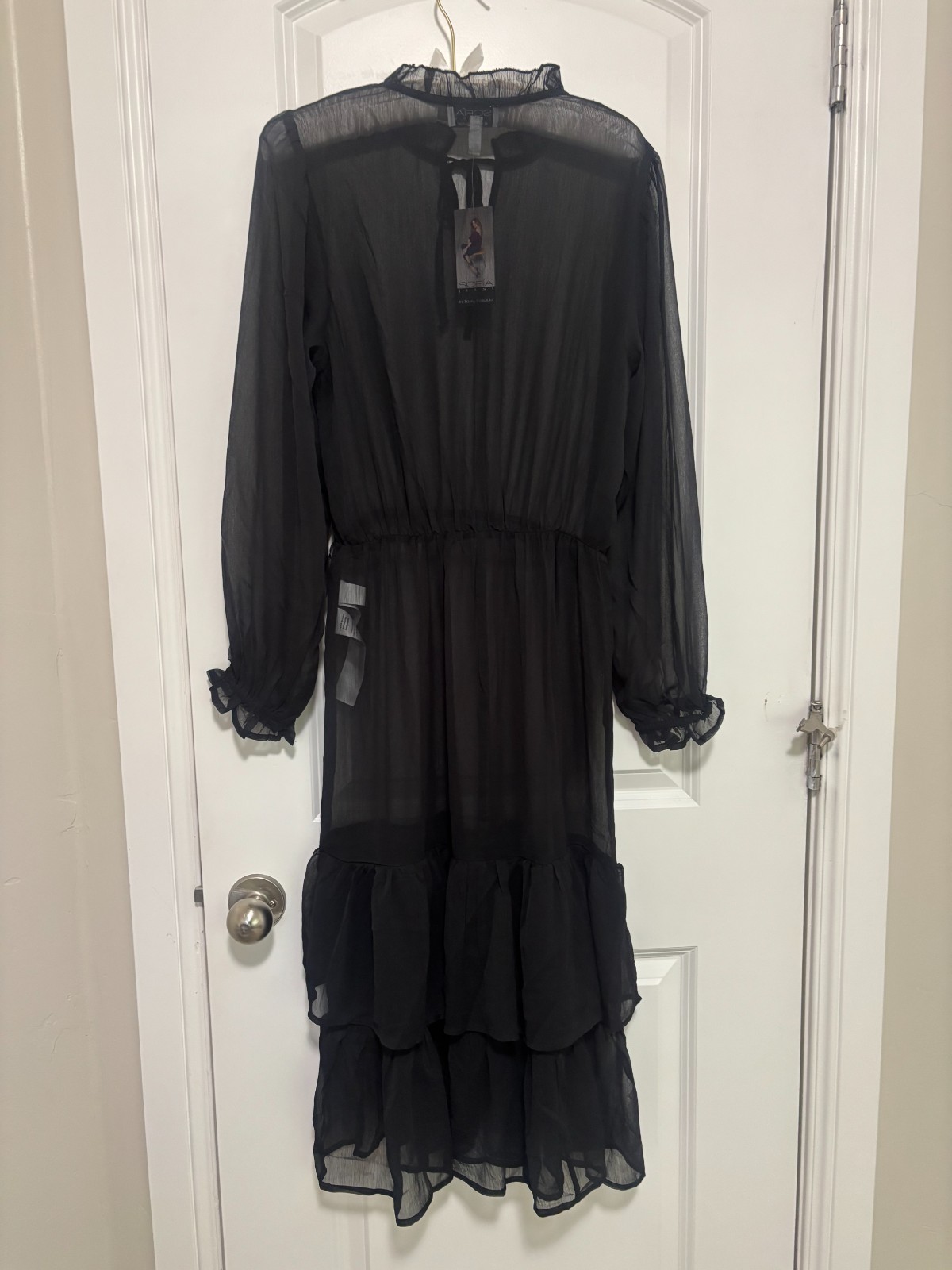 NWT Sofia Jeans by Sofia Vergara Sheer Tiered Long Midi Dress Black Small NO SLI