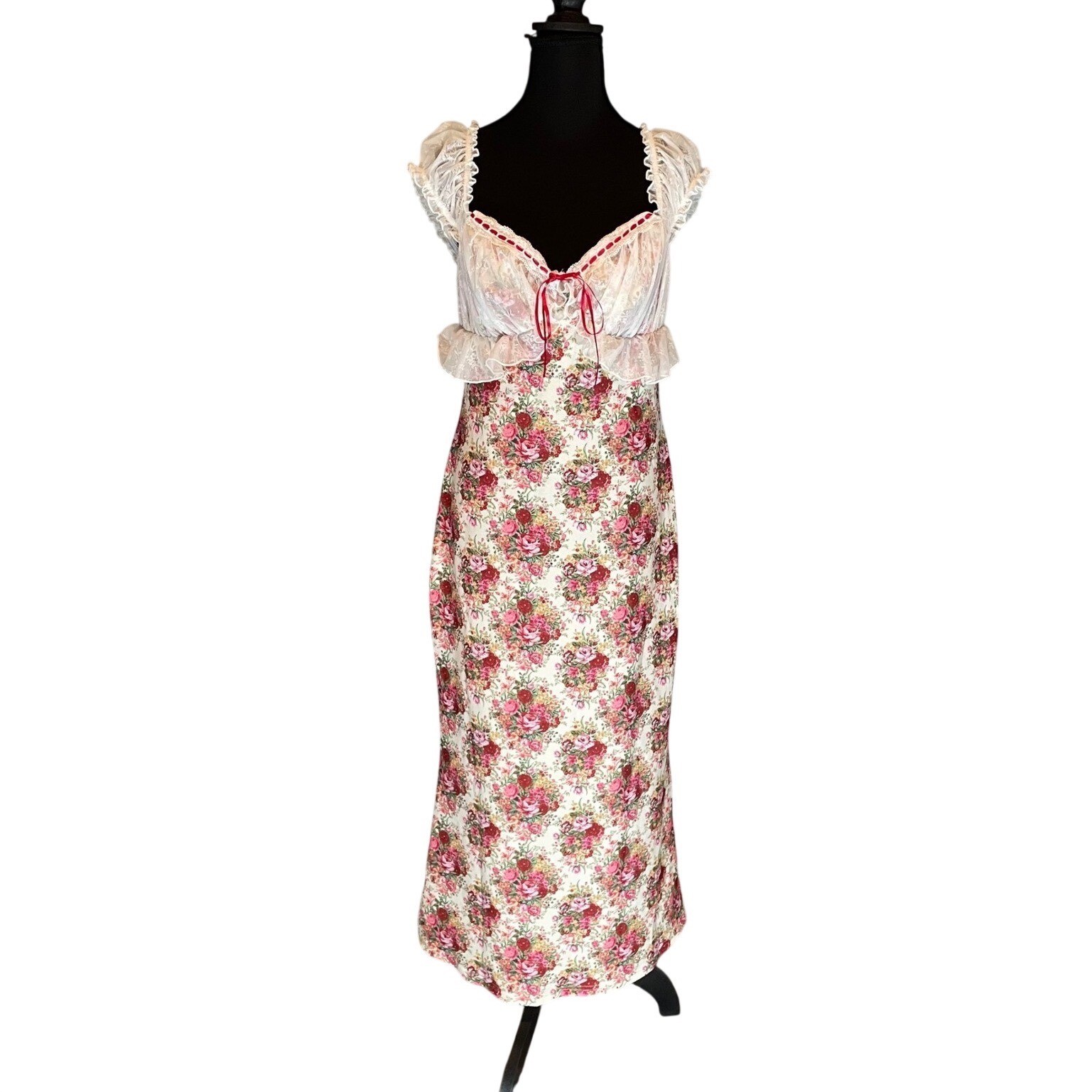 Floral Maxi Dress Pink Rose Lace Trim Ribbon Lg Romantic Goth Milkmaid Dainty