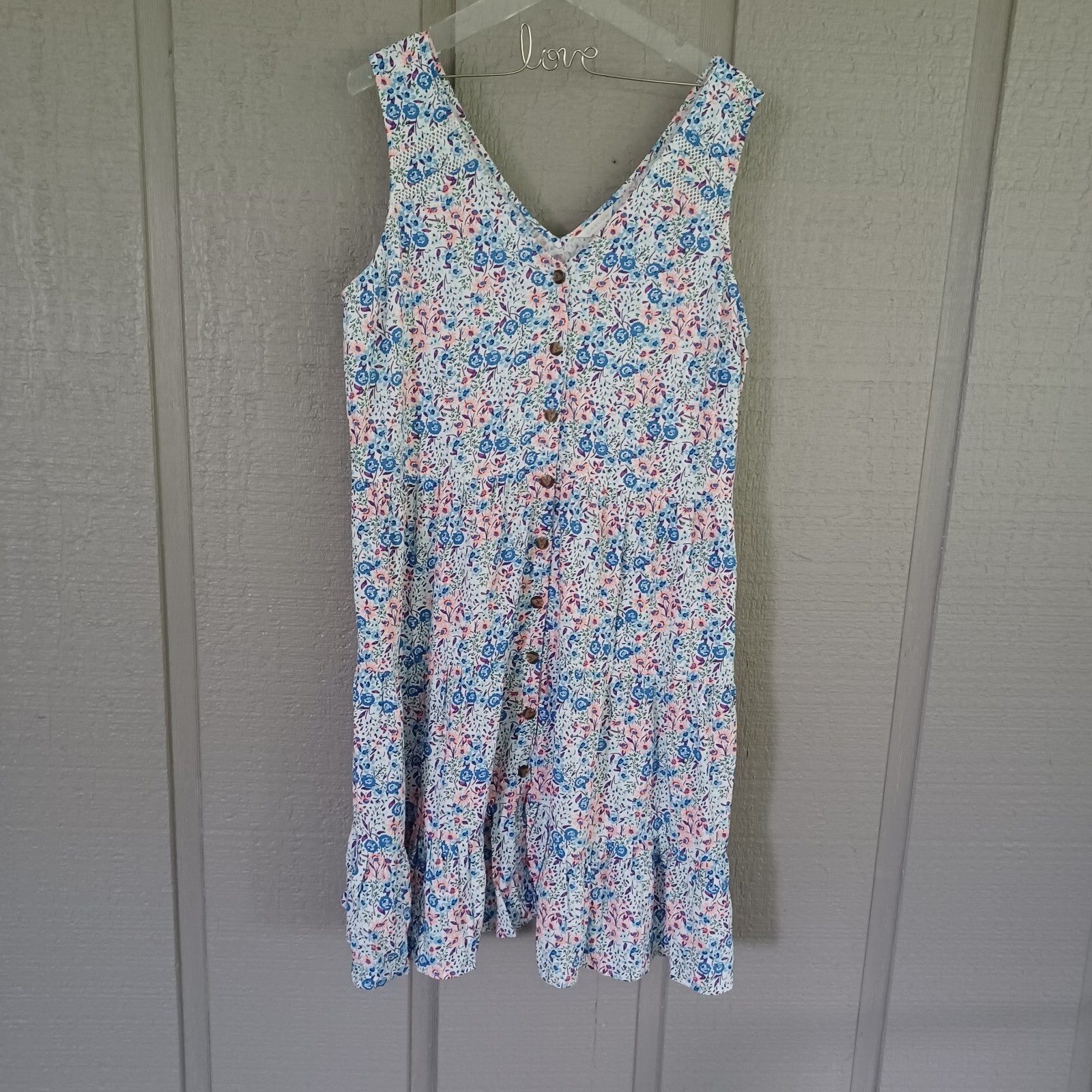BP Floral Dress Size XL V Neck Sleeveless Button Front Tiered Rayon Linen Blend