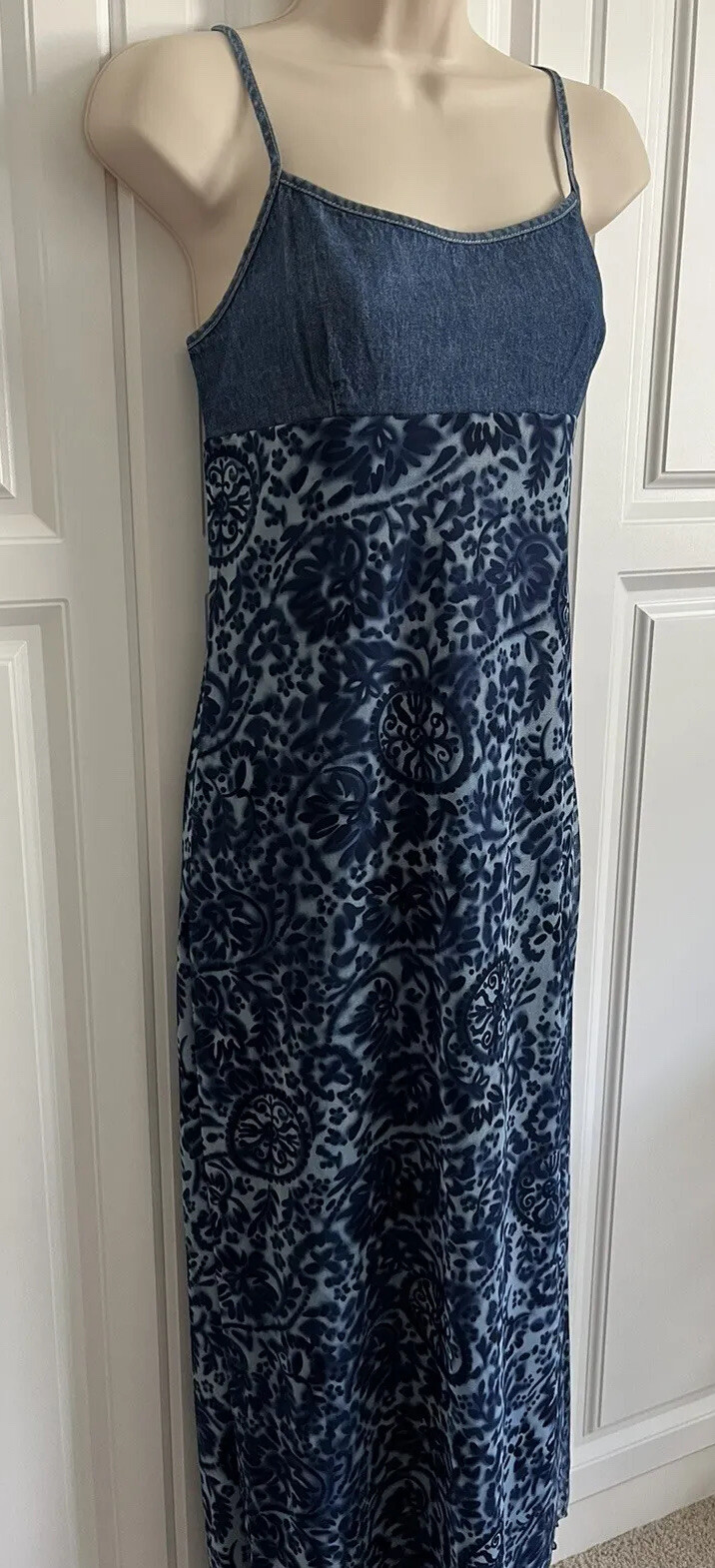 Blue Denim Maxi Sun Dress Sheer Lined Skirt Size 7 Rayon Cotton Ca Concepts