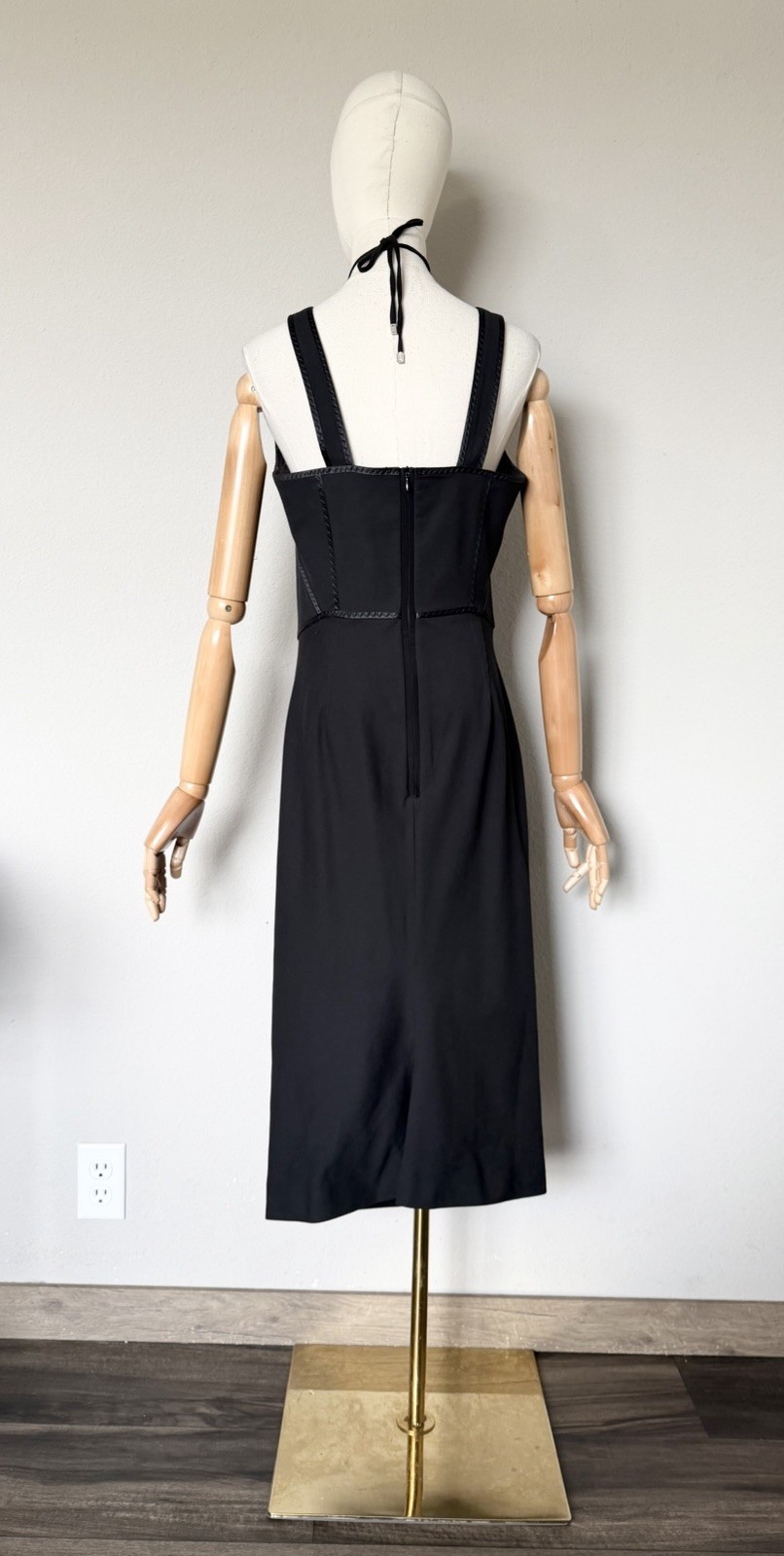 SPORTMAX Max Mara Sz US 12 Black Cotton Silk Trim Halter Pencil Midi Dress