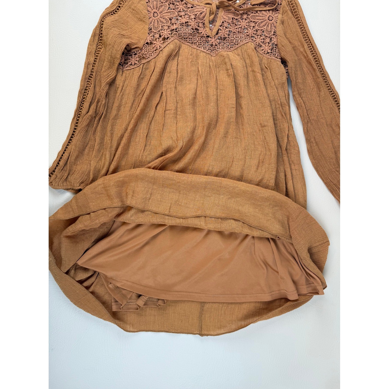 Rebellion Small Dress Boho Crochet Lace Rust Brown Rayon Blend Floral Yoke