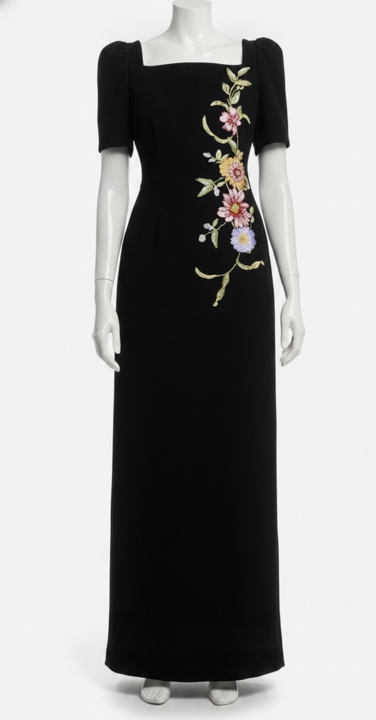Teri Jon by Rickie Freeman Women’s Black Floral Appliqué Crepe Gown Dress Sz 18