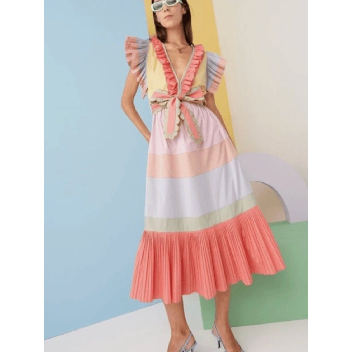 CeliaB Marcellene Ruffle Pleated Midi Dress Pastel Colorblock