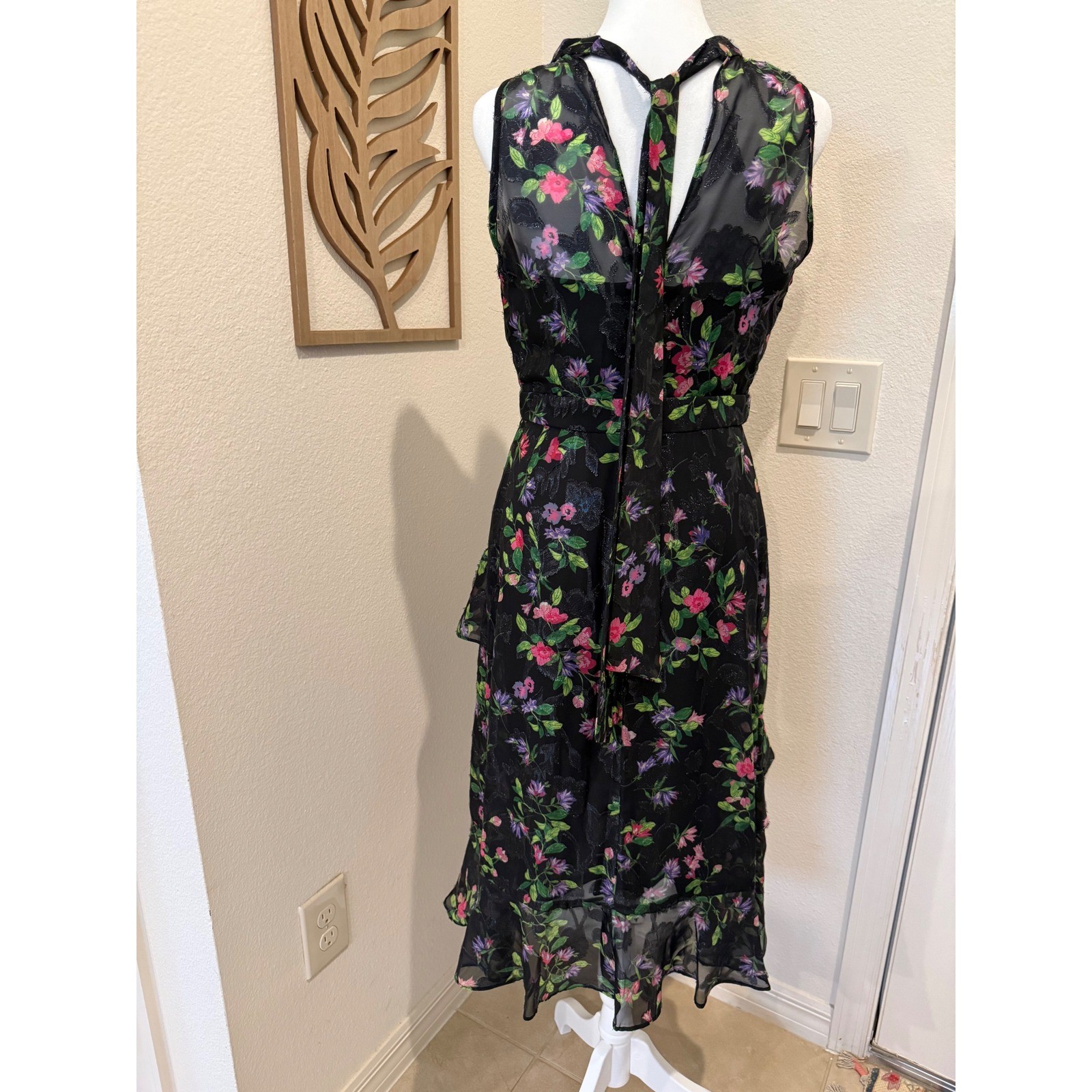 Adrianna Papell Black Floral Metallic Detail Ruffle Asymmetrical Dress 2